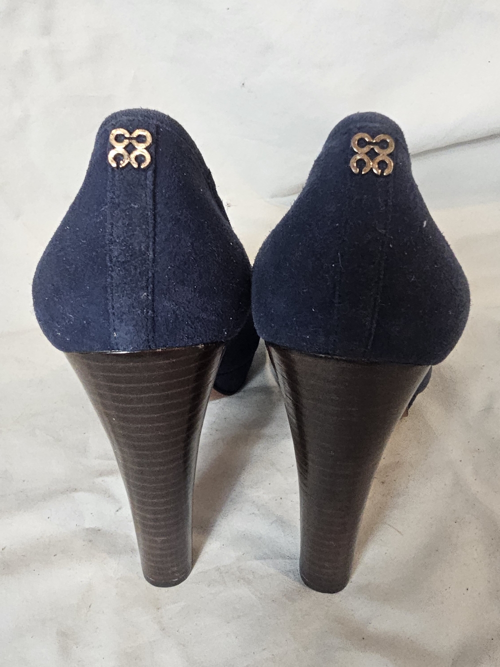 Coach Navy Suede Peep-Toe Platform Pumps Size 7 Quiet Luxury Office Wedding - Picture 7 of 14